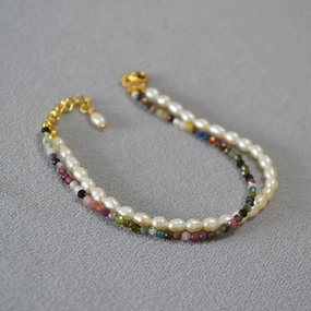 Freshwater Orzo Pearl Colorful Tourmaline Beaded Bracelet 