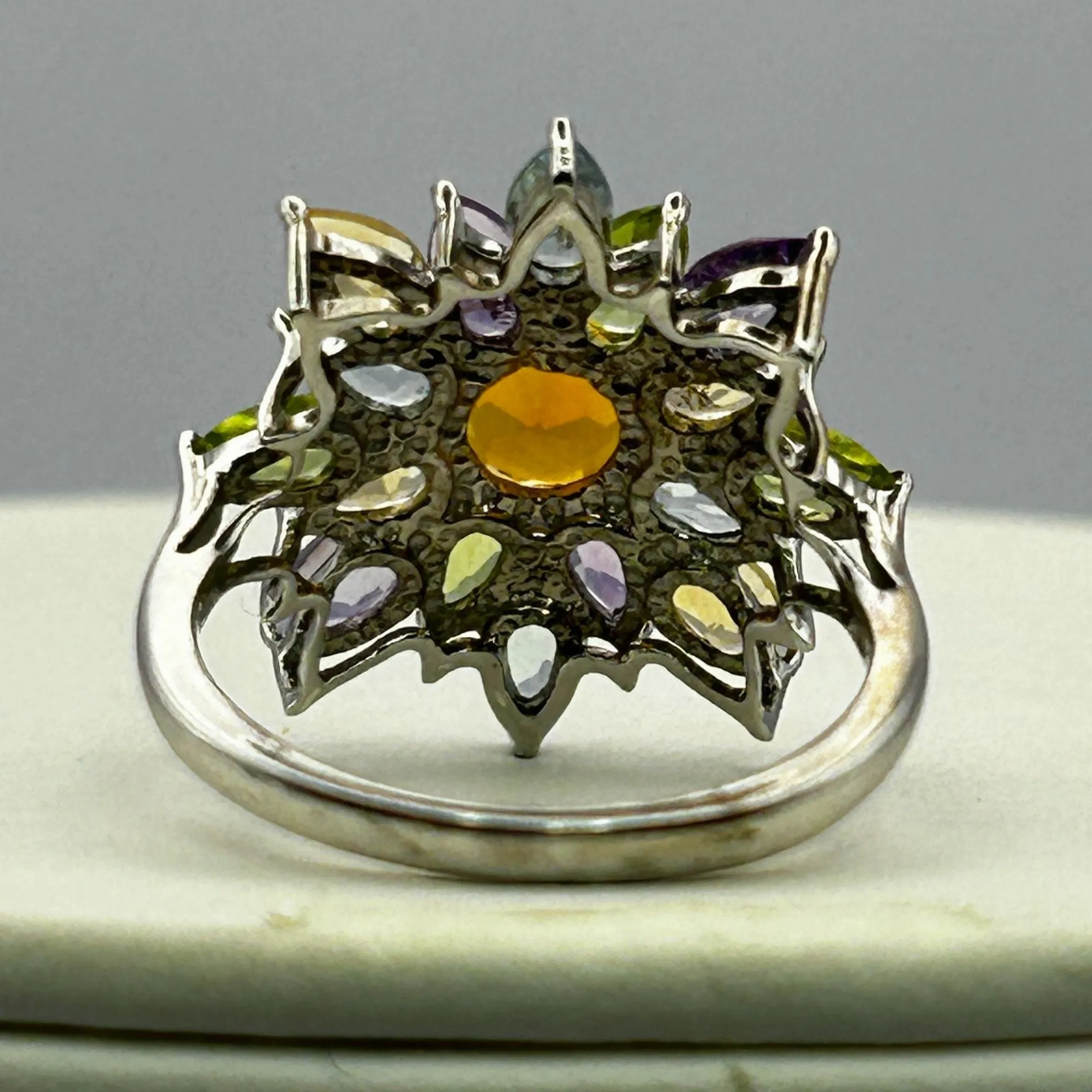 Gemstone Flower Ring Opal, Amethyst, Peridot, Golden Citrine, Blue Topaz SIZE 8