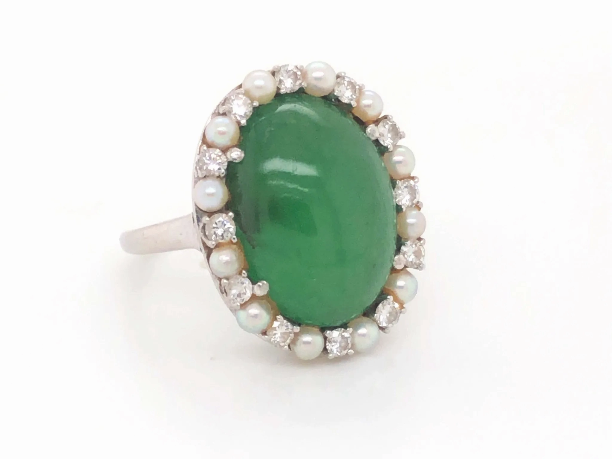 GIA Jadeite Jade Pearl and Diamond Halo Ring in Platinum