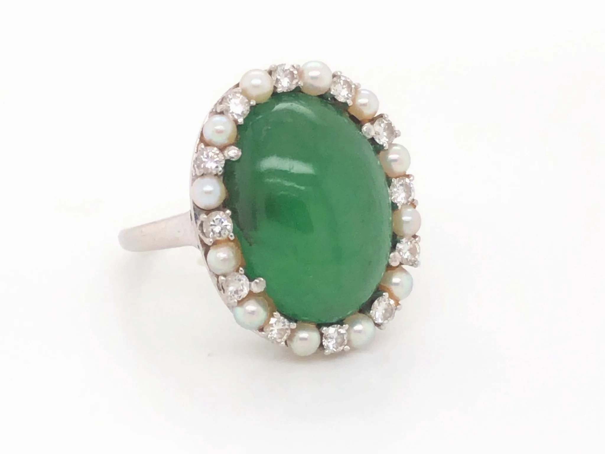 GIA Jadeite Jade Pearl and Diamond Halo Ring in Platinum