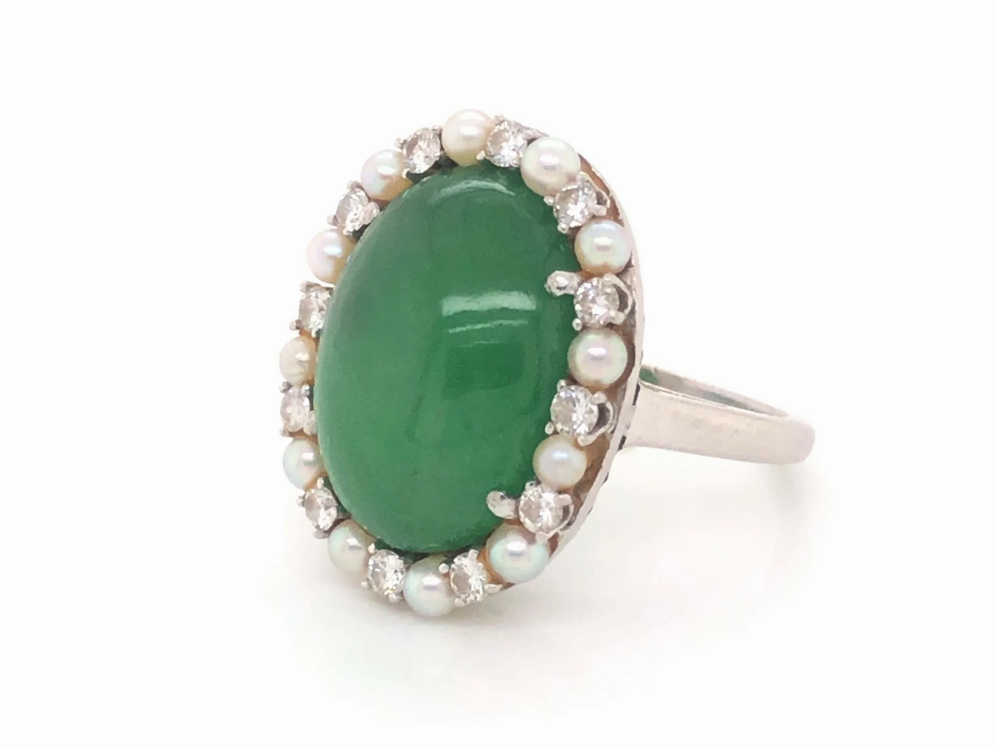 GIA Jadeite Jade Pearl and Diamond Halo Ring in Platinum