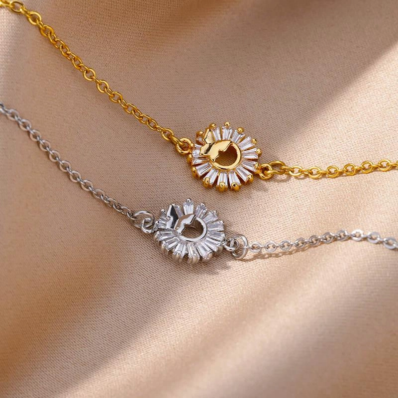 Gold Color Stainless Steel Sunflower Charm Bracelet - Luxury Wedding & Party Jewelry Gift 