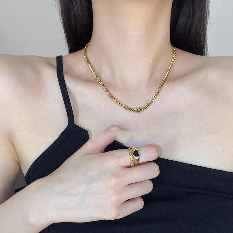 Gold Plated Black Love Thin Chain Collarbone Necklace