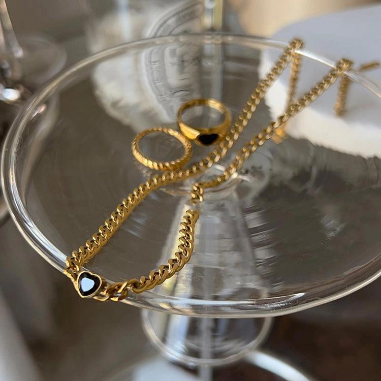 Gold Plated Black Love Thin Chain Collarbone Necklace