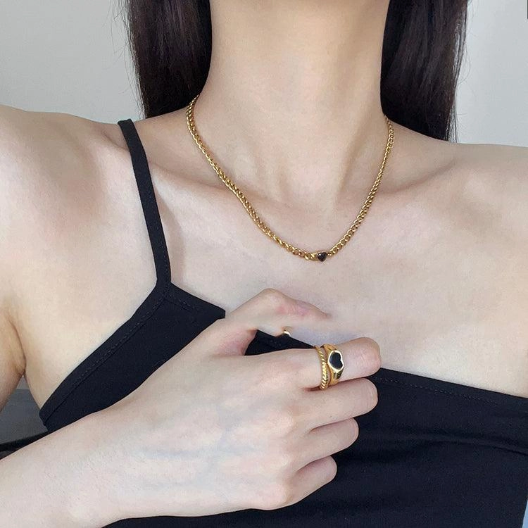 Gold Plated Black Love Thin Chain Collarbone Necklace