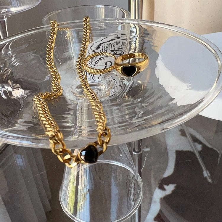 Gold Plated Black Love Thin Chain Collarbone Necklace