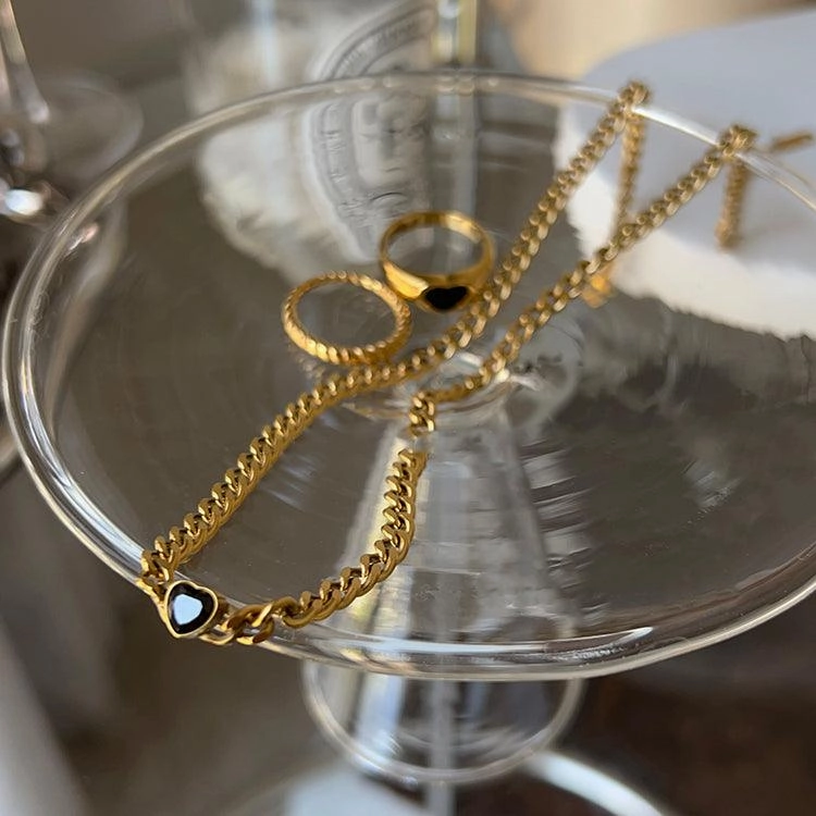Gold Plated Black Love Thin Chain Collarbone Necklace