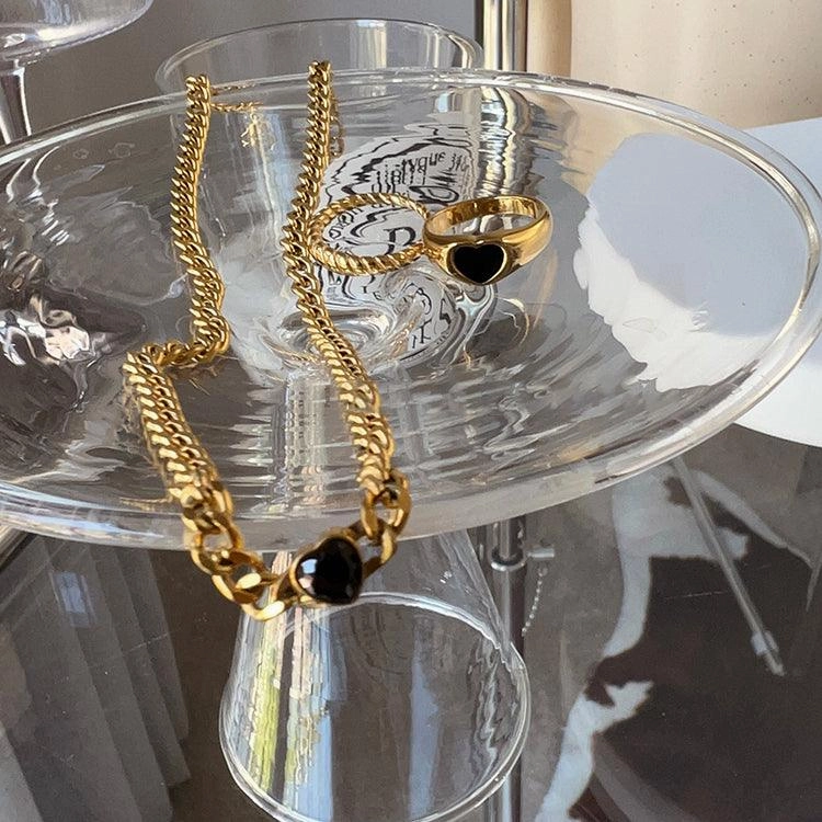 Gold Plated Black Love Thin Chain Collarbone Necklace