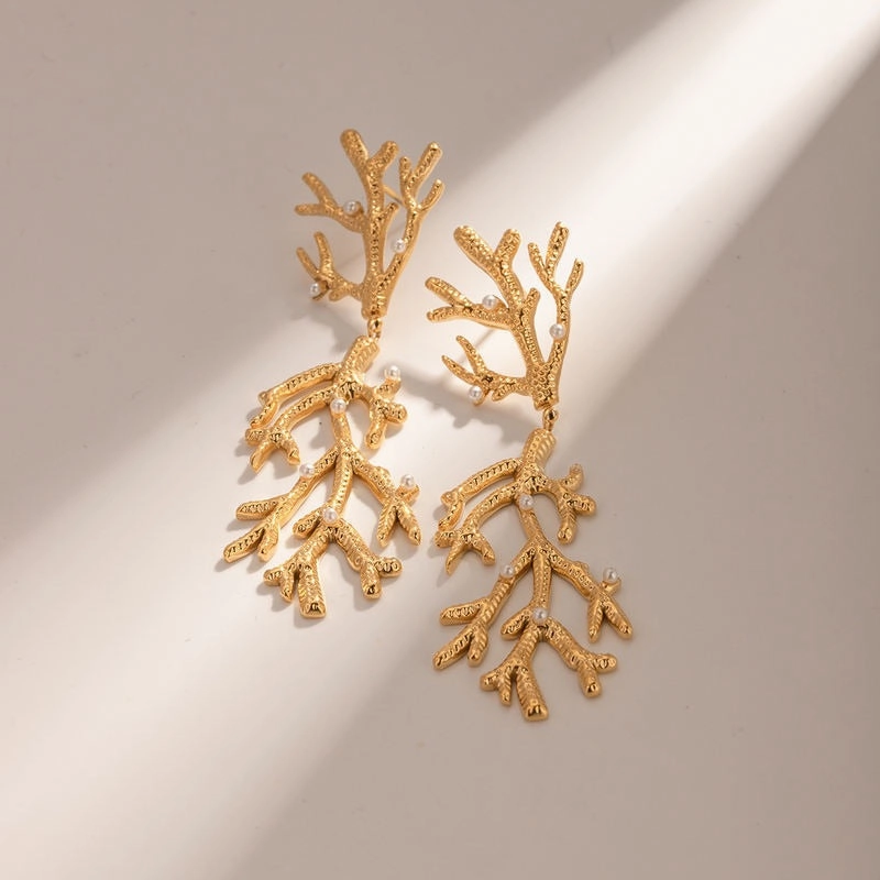 Gold Plated Coral Pearl Pendant Earrings 