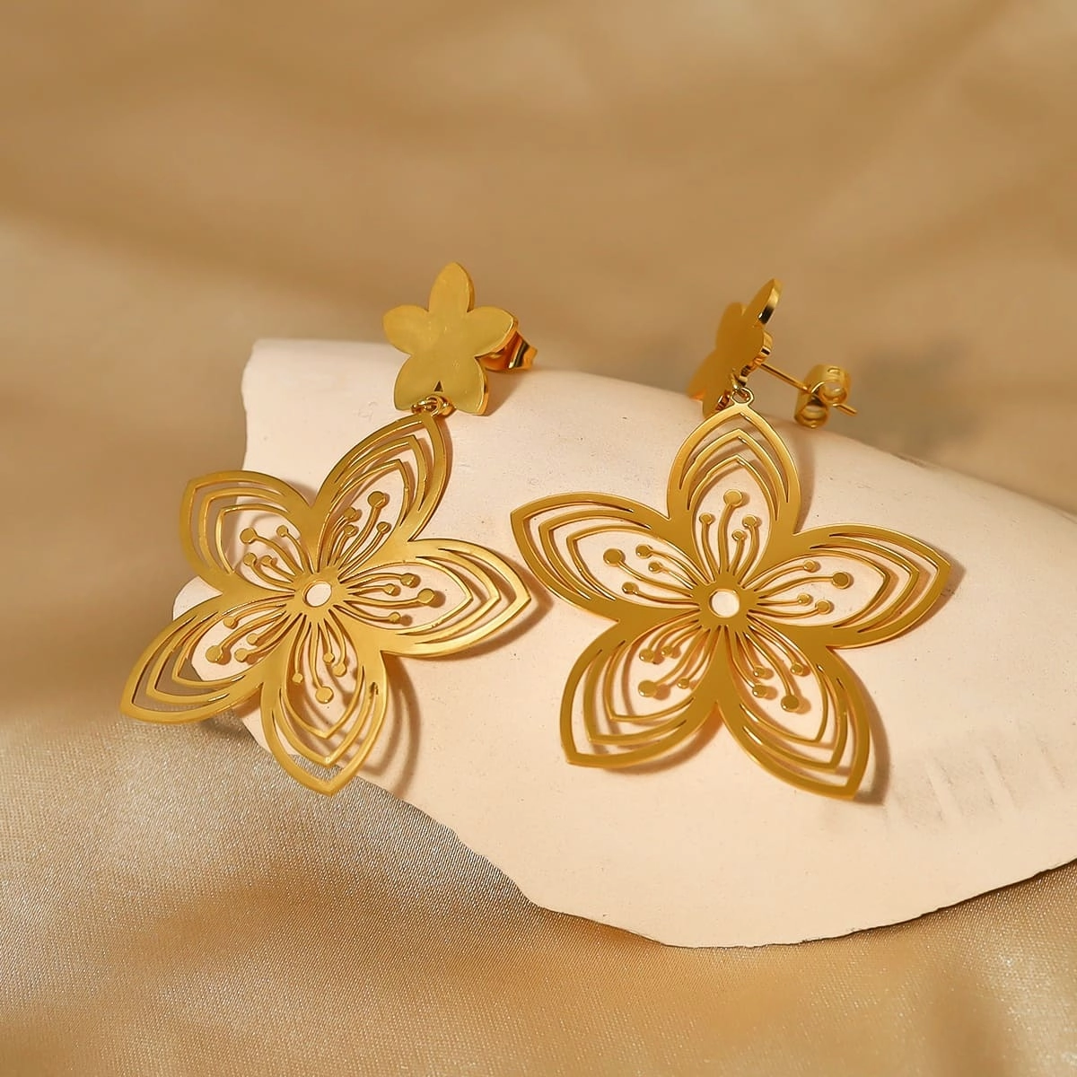 Gold Plated Stainless Steel Flower Drop Earrings 