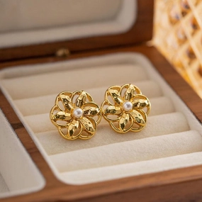 Gold Plated Stainless Steel Hollow Flower Stud Earrings - Waterproof, Vintage Style Jewelry for Women 