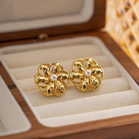 Gold Plated Stainless Steel Hollow Flower Stud Earrings - Waterproof, Vintage Style Jewelry for Women 