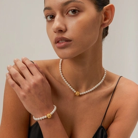 Gold Plated Stainless Steel Pearl Flower Ball Bracelet 
