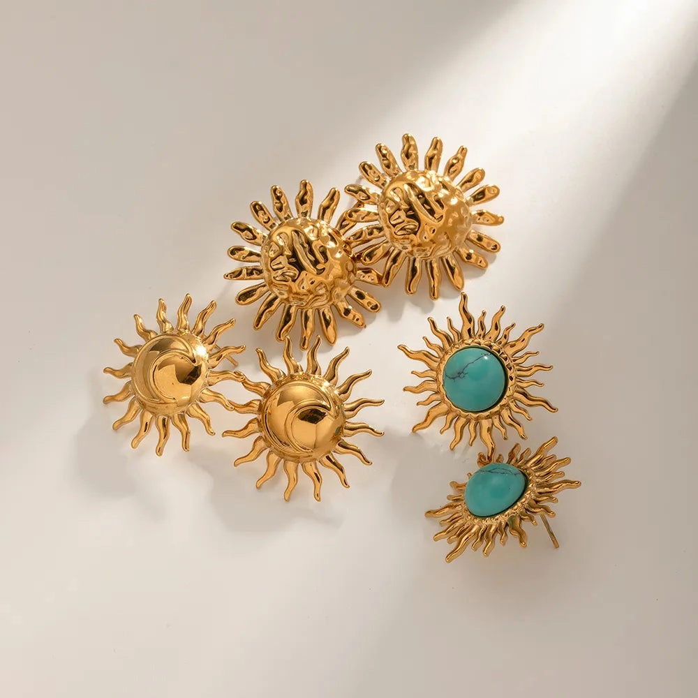 Gold Plated Turquoise Inlay Sunflower Dangle Earrings 