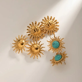 Gold Plated Turquoise Inlay Sunflower Dangle Earrings 