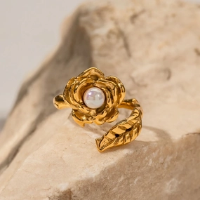 Gold Stainless Camellia Ring with Shellfish Beads 
