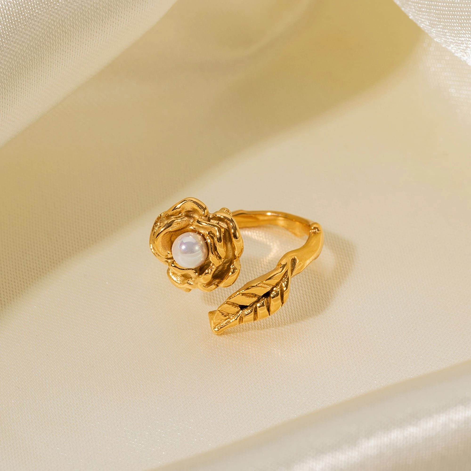 Gold Stainless Camellia Ring with Shellfish Beads