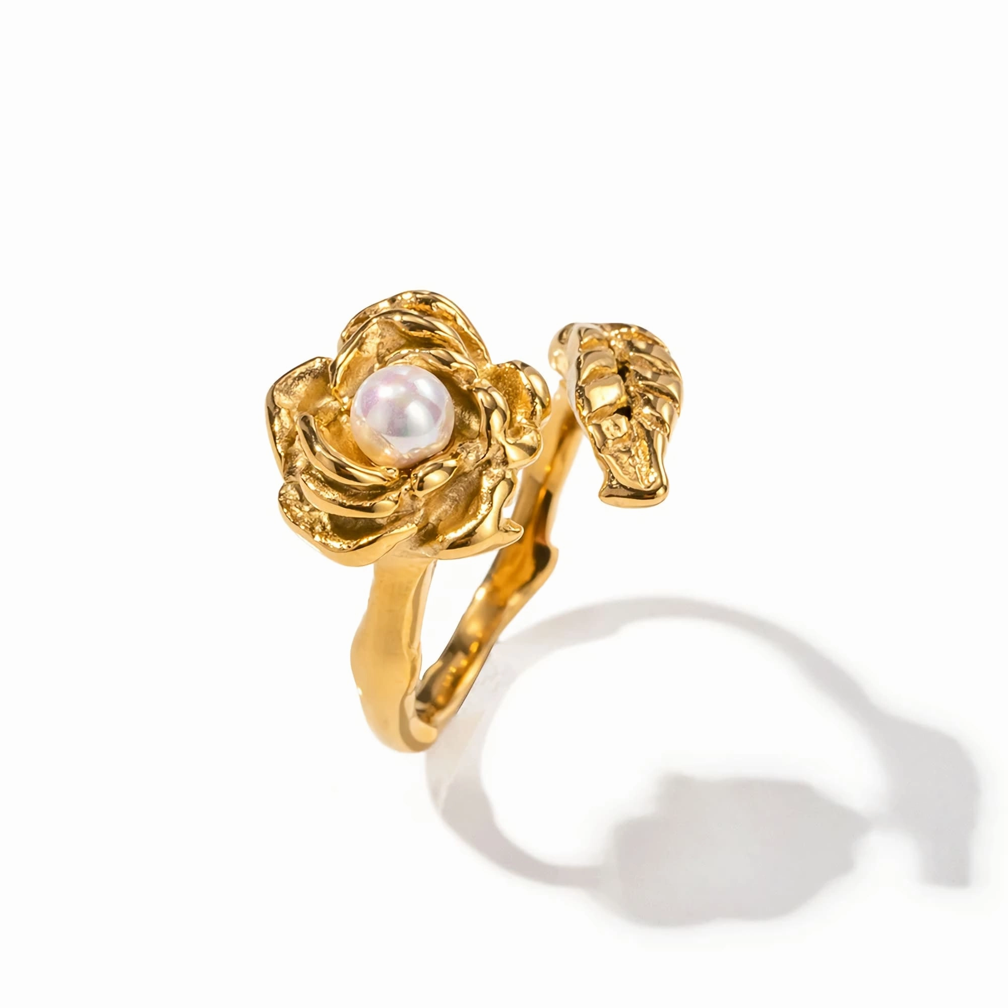 Gold Stainless Camellia Ring with Shellfish Beads