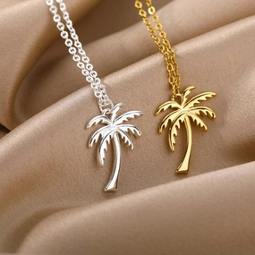 Gold Stainless Steel Palm Tree Pendant Necklace - Bohemian Summer Ocean Beach Jewelry 
