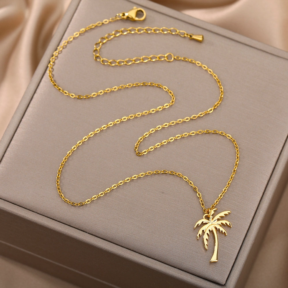 Gold Stainless Steel Palm Tree Pendant Necklace - Bohemian Summer Ocean Beach Jewelry