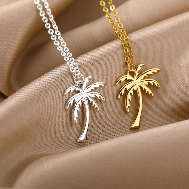 Gold Stainless Steel Palm Tree Pendant Necklace - Bohemian Summer Ocean Beach Jewelry 