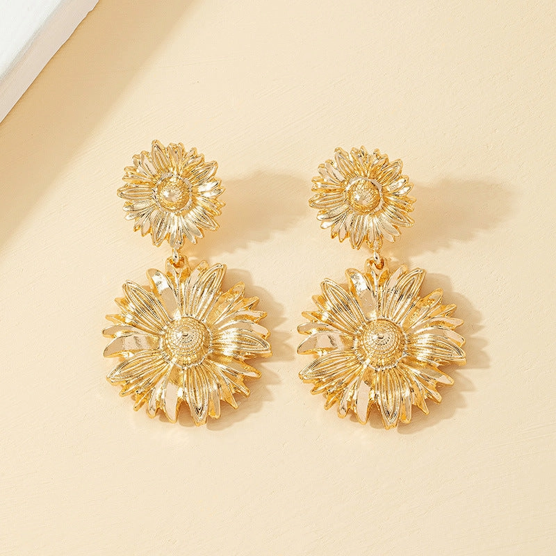 Golden Chrysanthemum Flower Drop Earrings for Women  Elegant Party Dangle Jewelry