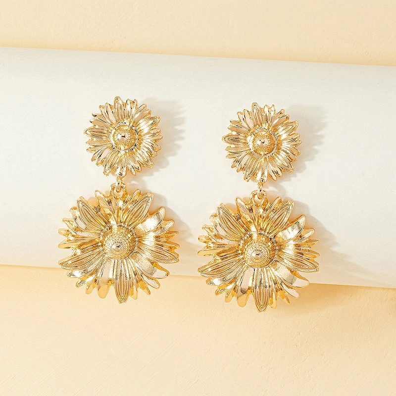 Golden Chrysanthemum Flower Drop Earrings for Women  Elegant Party Dangle Jewelry