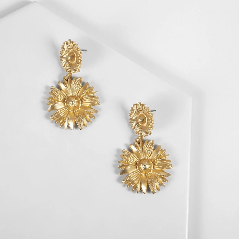 Golden Chrysanthemum Flower Drop Earrings for Women  Elegant Party Dangle Jewelry