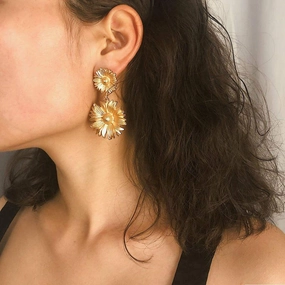 Golden Chrysanthemum Flower Drop Earrings for Women  Elegant Party Dangle Jewelry 
