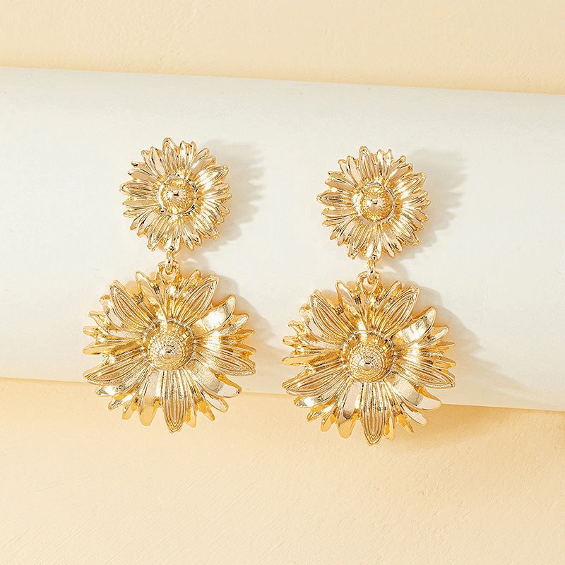 Golden Chrysanthemum Flower Drop Earrings for Women  Elegant Party Dangle Jewelry