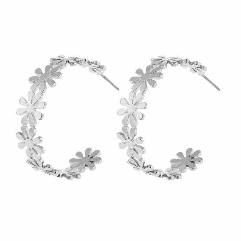 Golden Geometric C-Shaped Flower Drop Earrings for Women