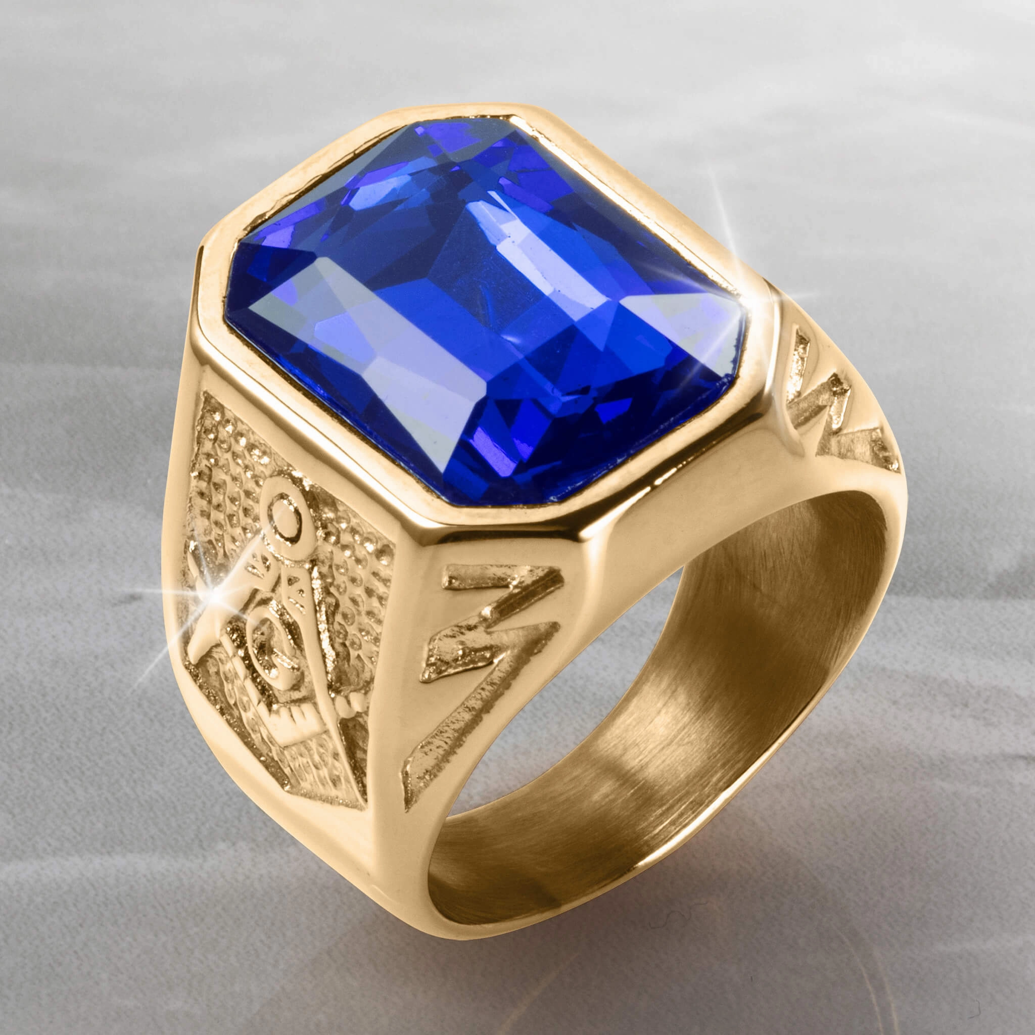 Golden Masonic Blue Mens Ring