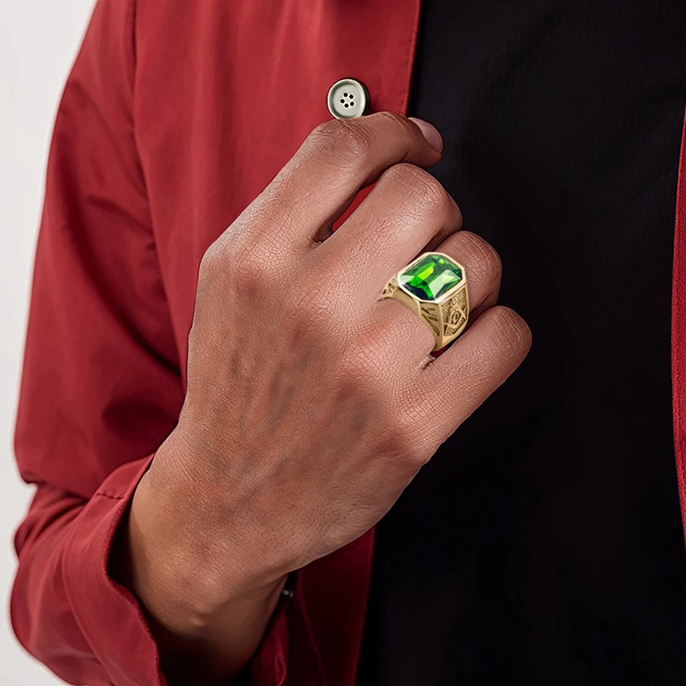 Golden Masonic Green Mens Ring