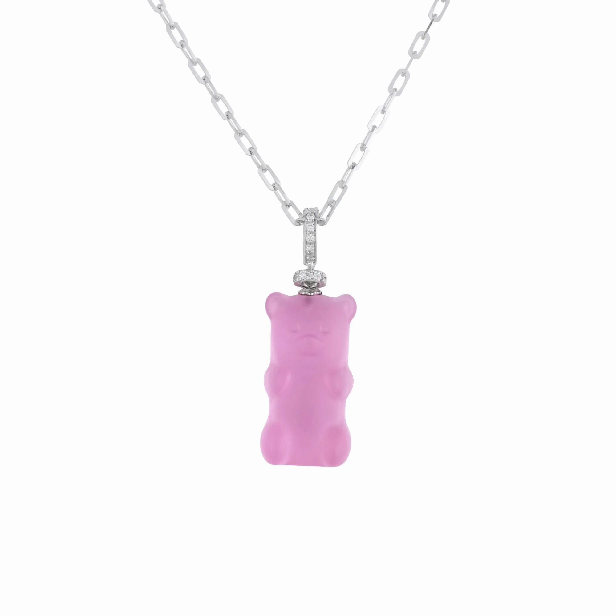 Grapefruit Gemmy Bear 18K Whitegold Necklace w. Diamonds &amp; Crystal
