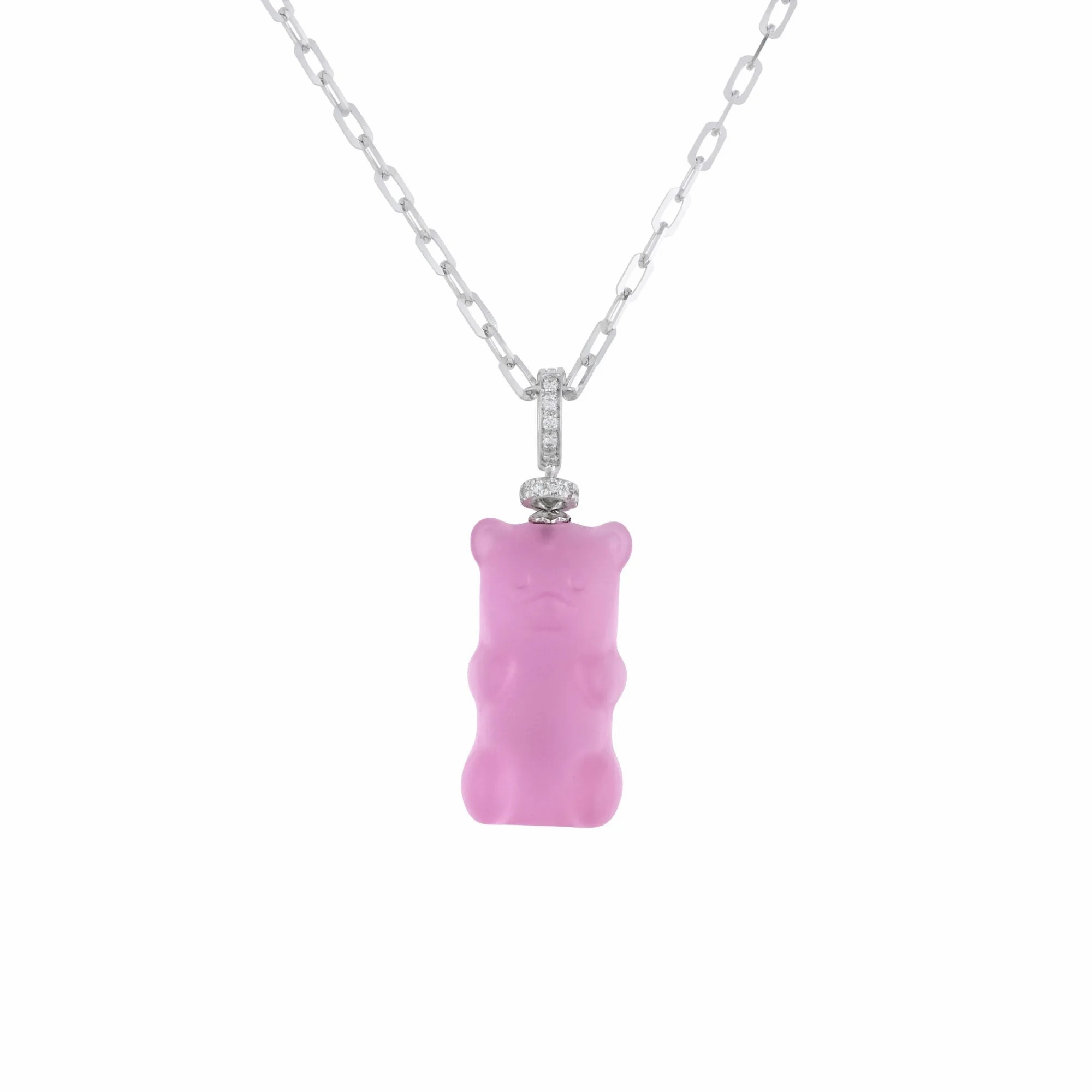 Grapefruit Gemmy Bear 18K Whitegold Necklace w. Diamonds &amp; Crystal