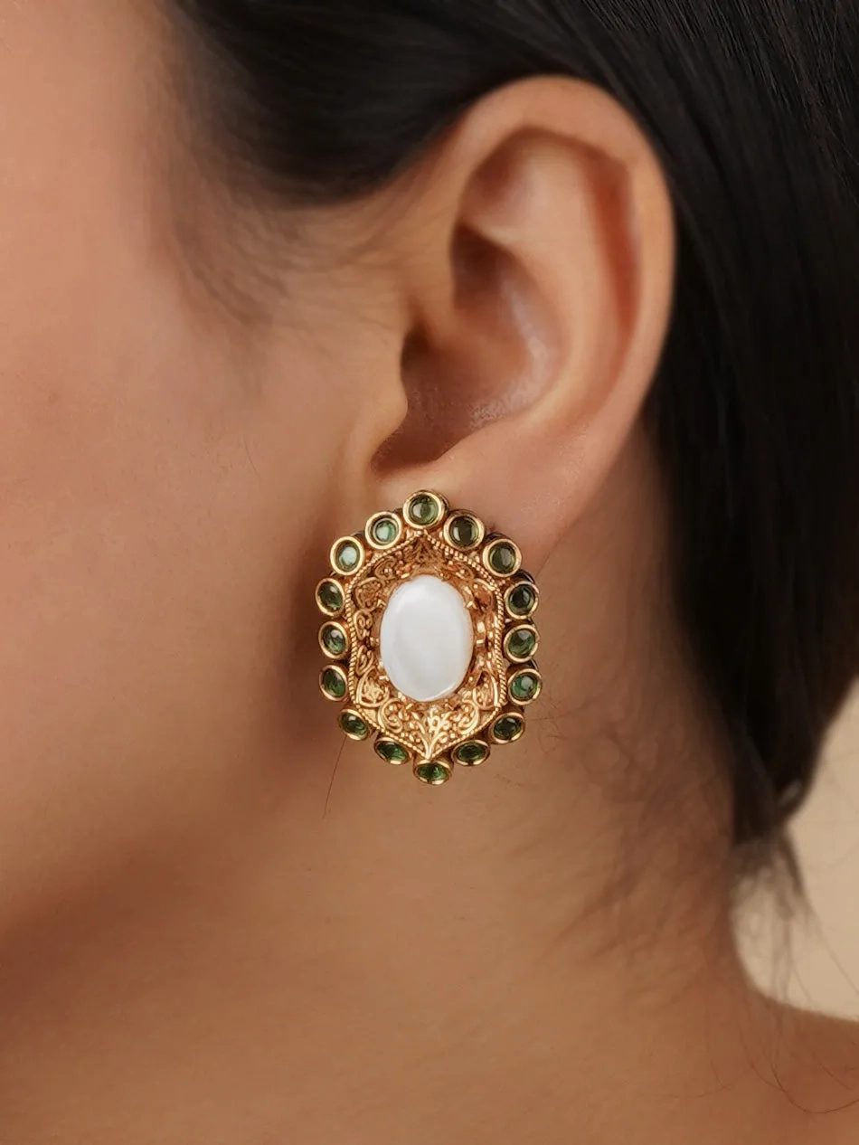 Green Color Gold Plated Faux Polki Earrings - PK-E39GR