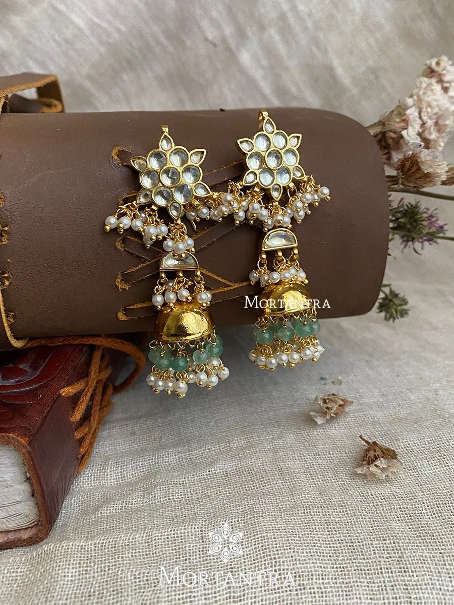 Green Color Gold Plated Jadau Kundan Earrings - ME989YC