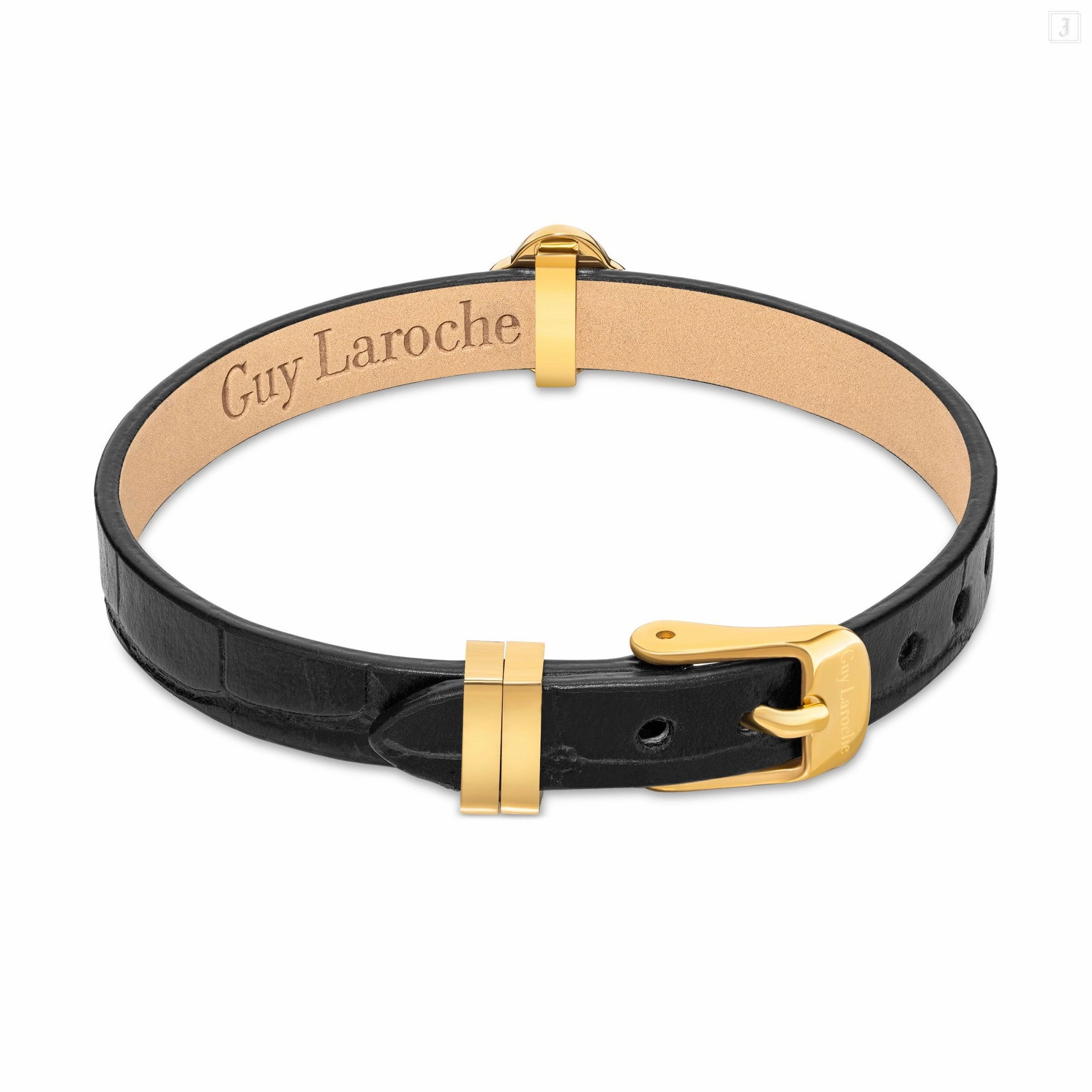 Guy Laroche Fleurine Ladies Gold-Plated Braceelt With Mother Of Pearl & Black Leather