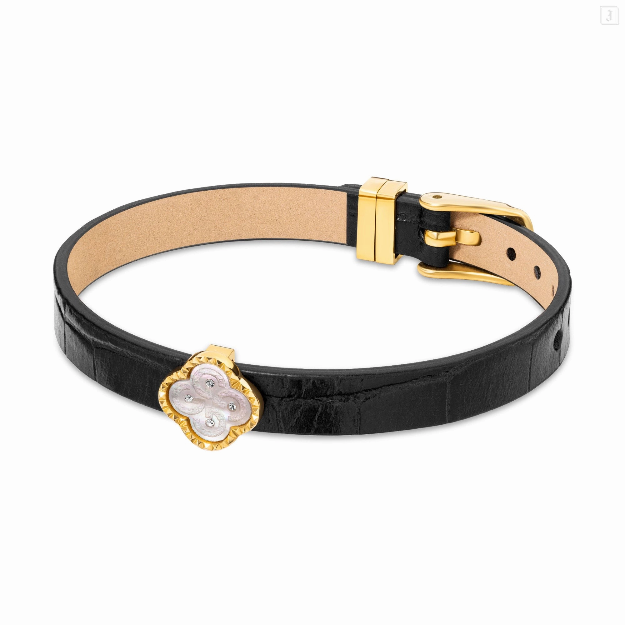 Guy Laroche Fleurine Ladies Gold-Plated Braceelt With Mother Of Pearl & Black Leather fashion-jewelry  
