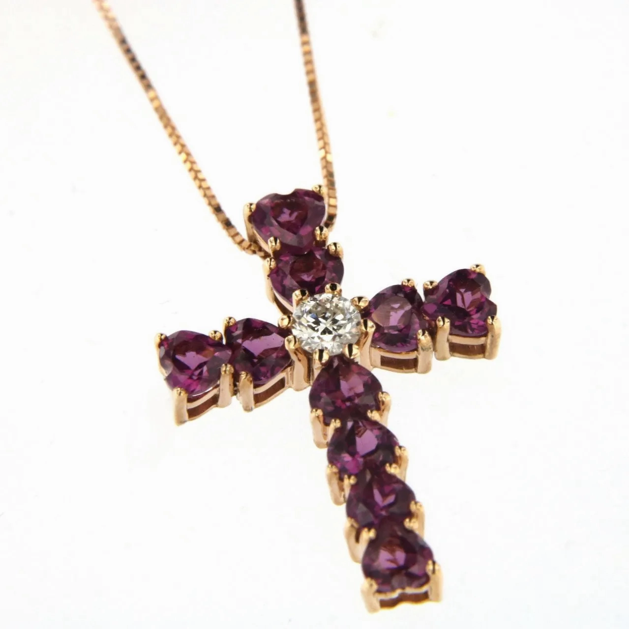 Heart 18K Rose Gold Necklace w. Diamond &amp; Rhodolite
