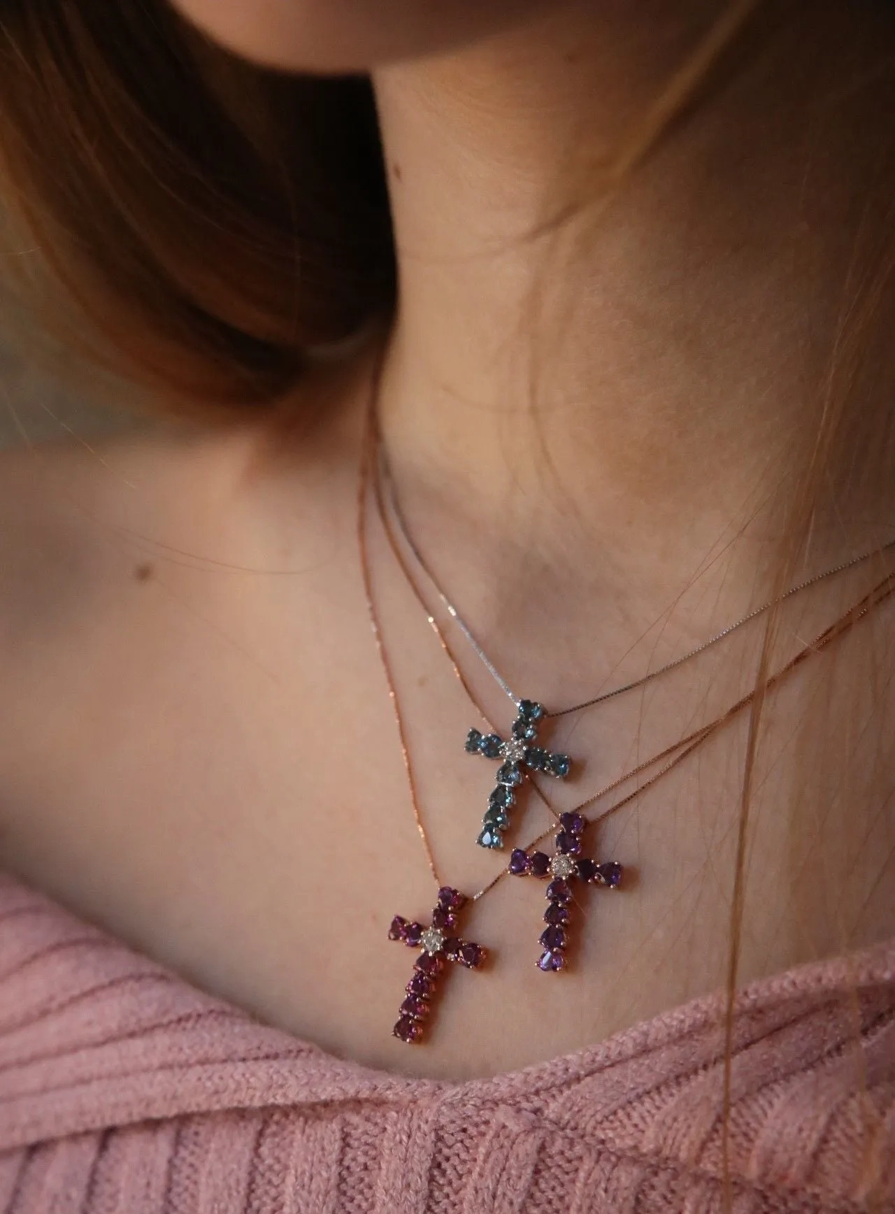 Heart 18K Rose Gold Necklace w. Diamond &amp; Rhodolite