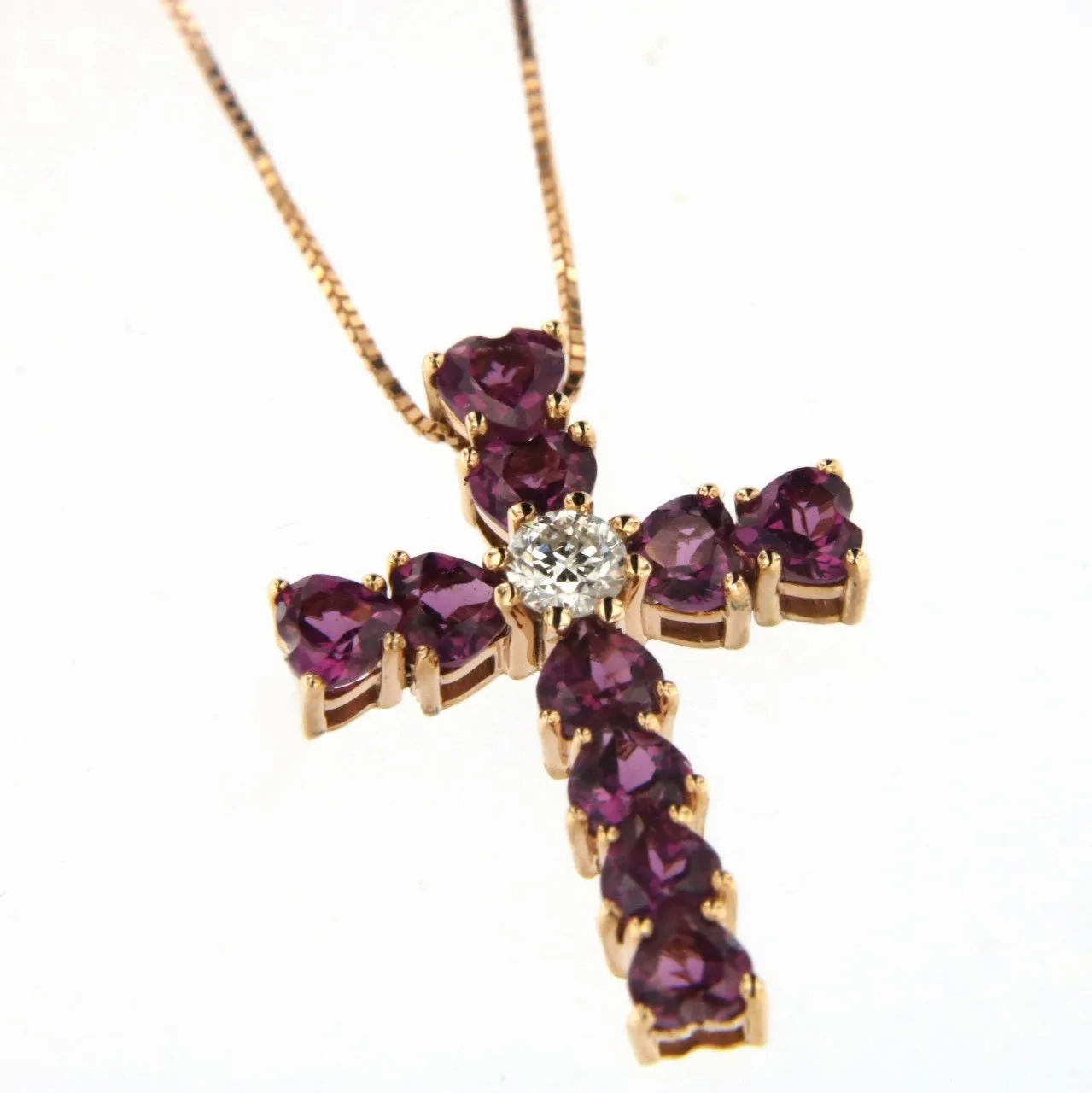 Heart 18K Rose Gold Necklace w. Diamond &amp; Rhodolite