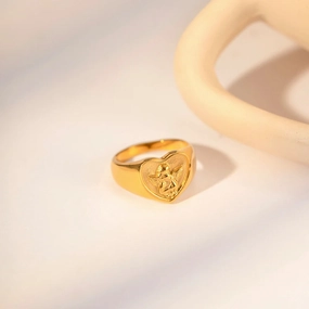 Heart Angel Gold Plated Stainless Steel Chunky Ring 