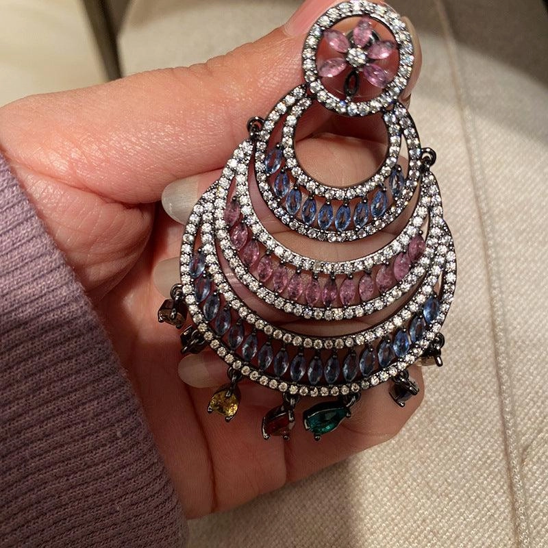 Hollow Color Large Circle Crescent Shaped Water Drop Tassel Earrings