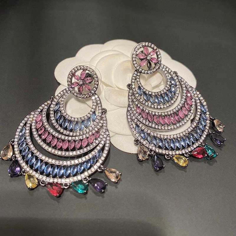 Hollow Color Large Circle Crescent Shaped Water Drop Tassel Earrings 