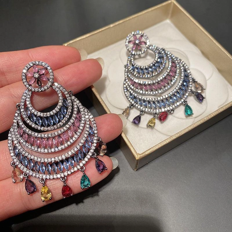 Hollow Color Large Circle Crescent Shaped Water Drop Tassel Earrings