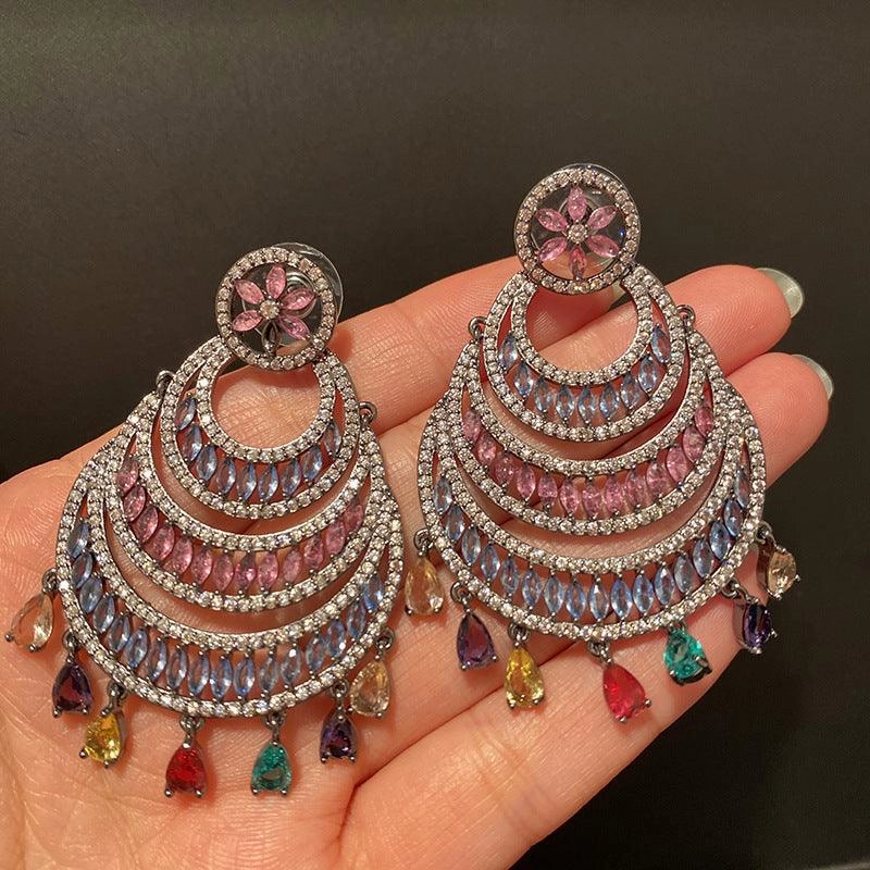 Hollow Color Large Circle Crescent Shaped Water Drop Tassel Earrings