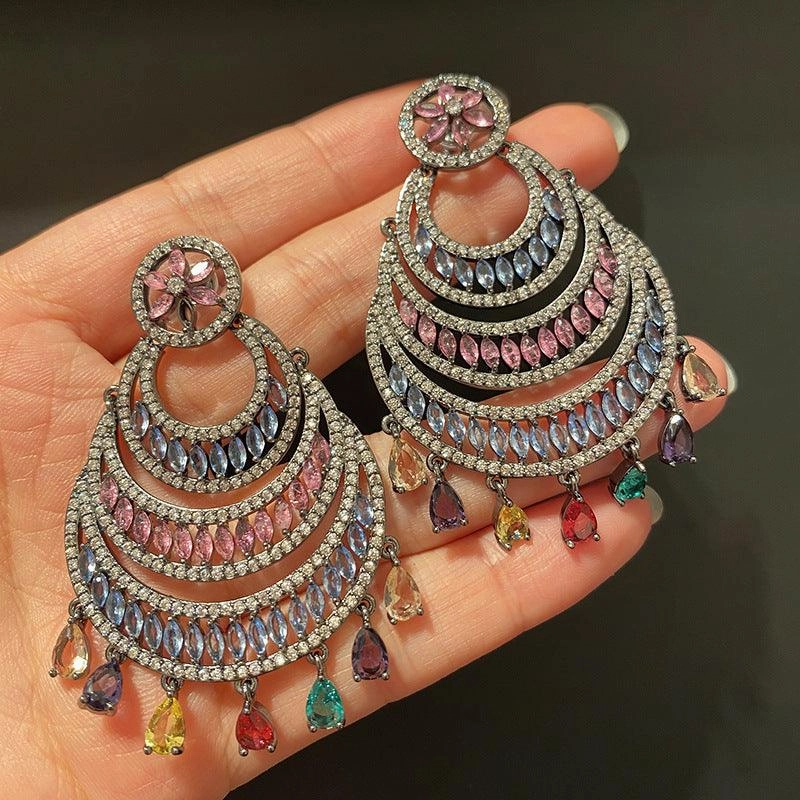 Hollow Color Large Circle Crescent Shaped Water Drop Tassel Earrings