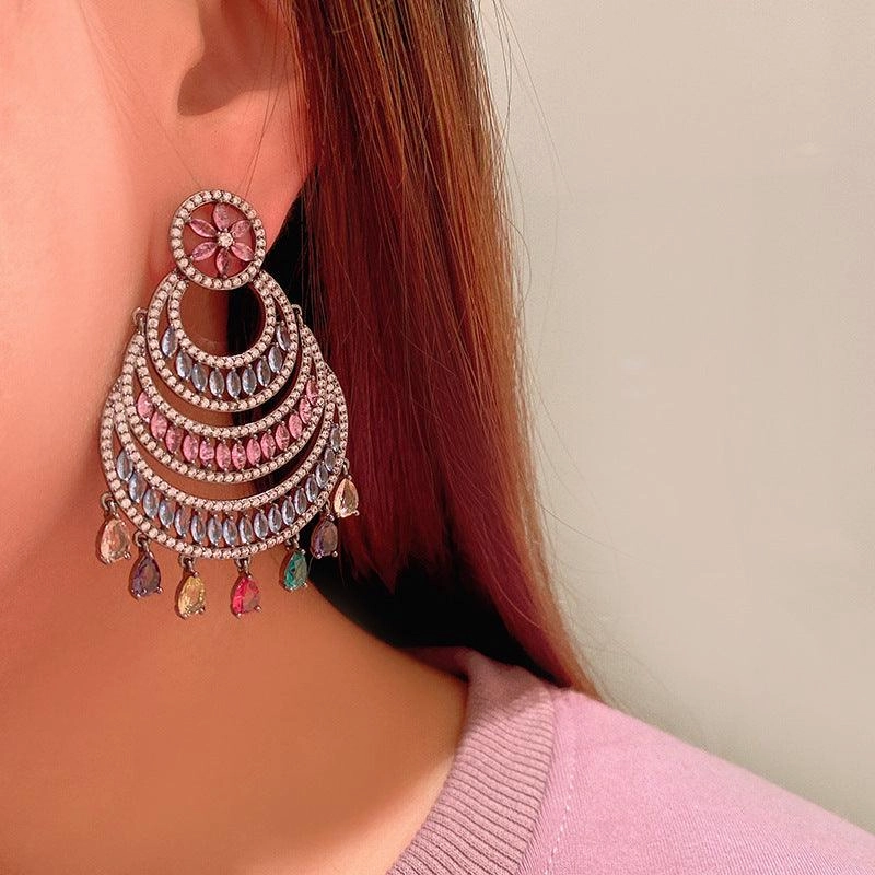 Hollow Color Large Circle Crescent Shaped Water Drop Tassel Earrings