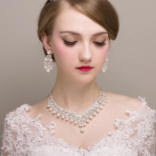 Imitation Pearl Necklace Earrings Two-piece Set 